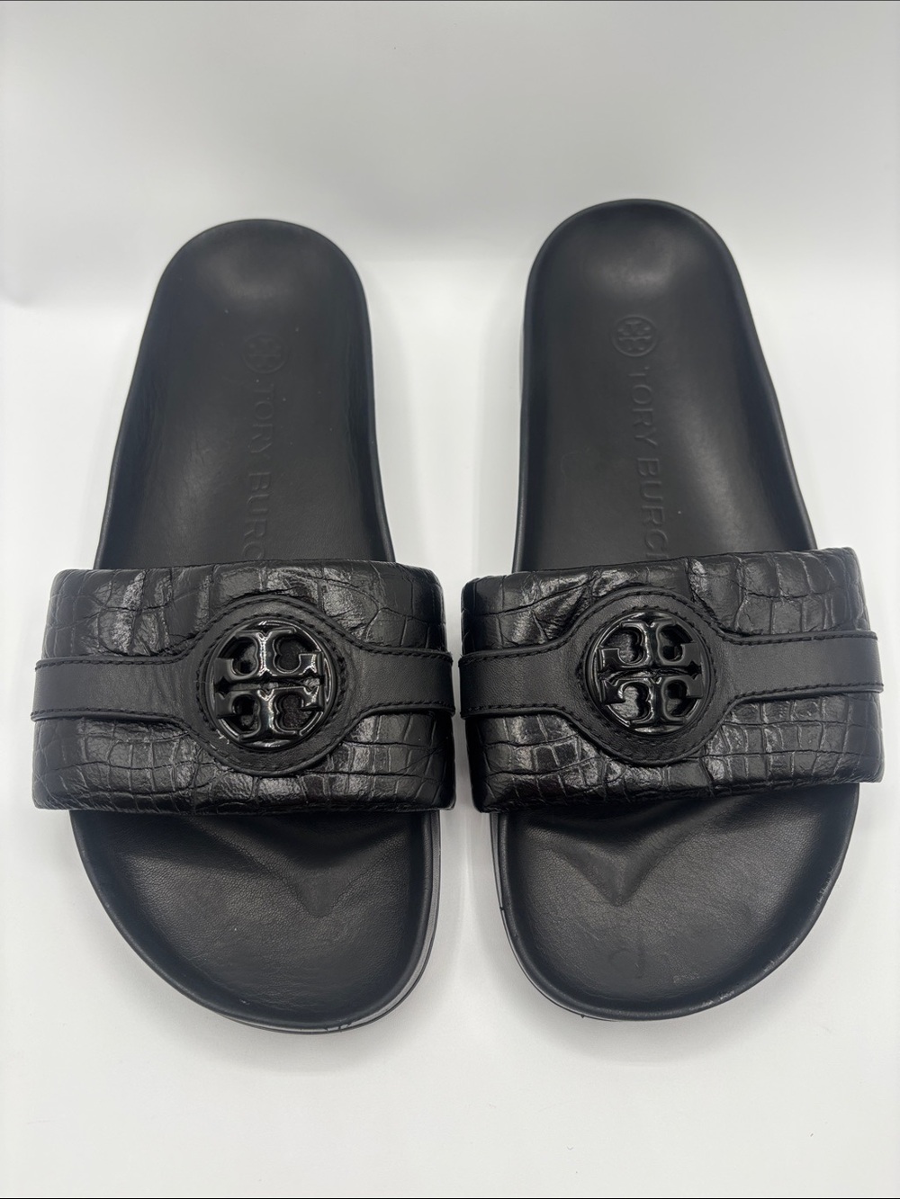 Tory Burch Black Croc-Embossed Leather Logo Slide Sandals - Women's
